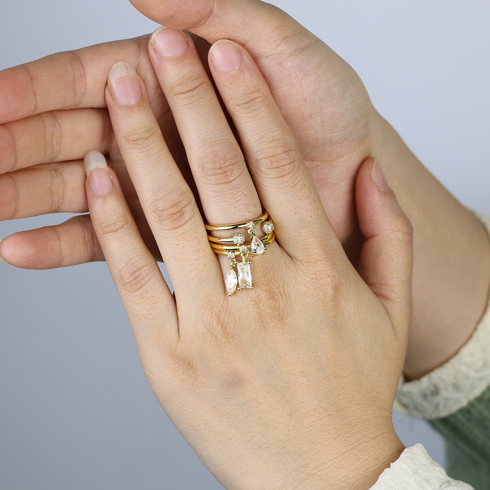 2026 NEW Fashion Design High Quality Multilayer Stacking Pendant Finger Ring Women Girl Geometry Cubic Zirconia Bling Charm Gold Plated Jewelry Gift