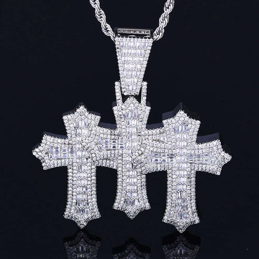 jewelry High Quality 3-in-1 Micro Pave Bling Baguette Cubic Zirconia Cross Silver Gold Plated Brass Diamond Charm Pendant
