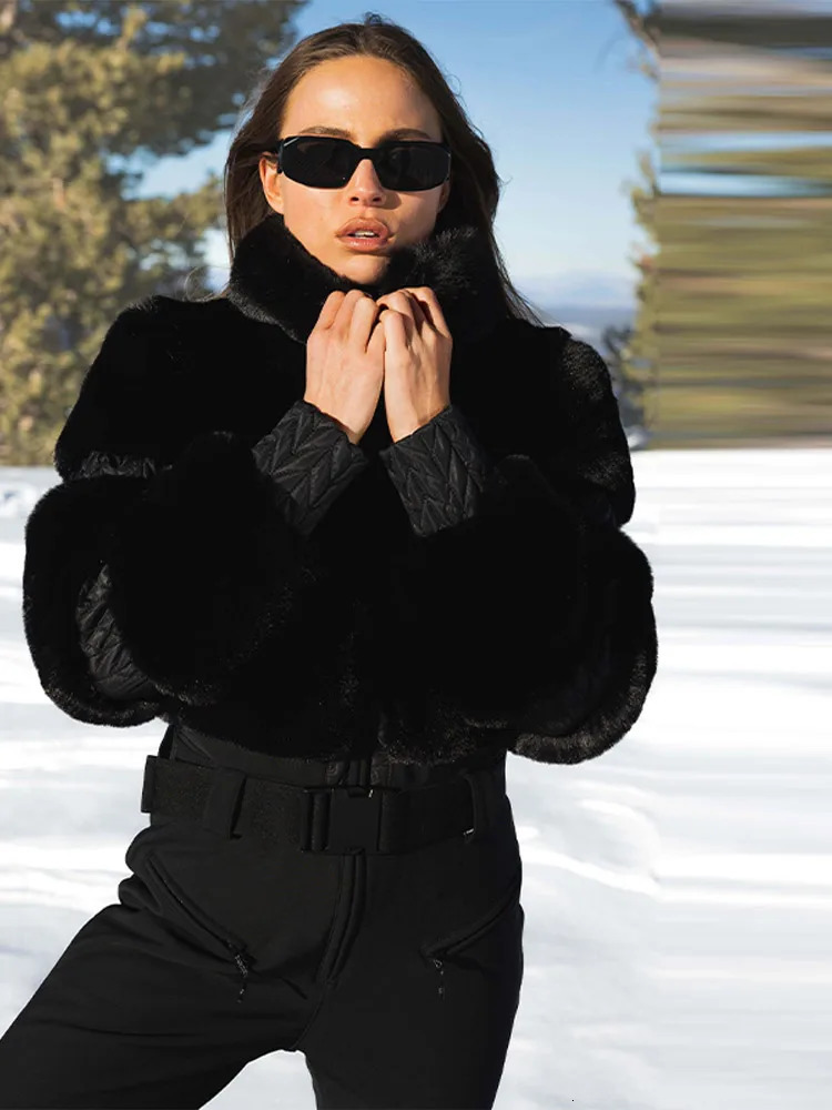 Women Fuax Fur Splicing Zipper Jumpsuit Long Sleeved Solid Color Waistband warm Jacket Fashion Winter Ski Sportswear 251225