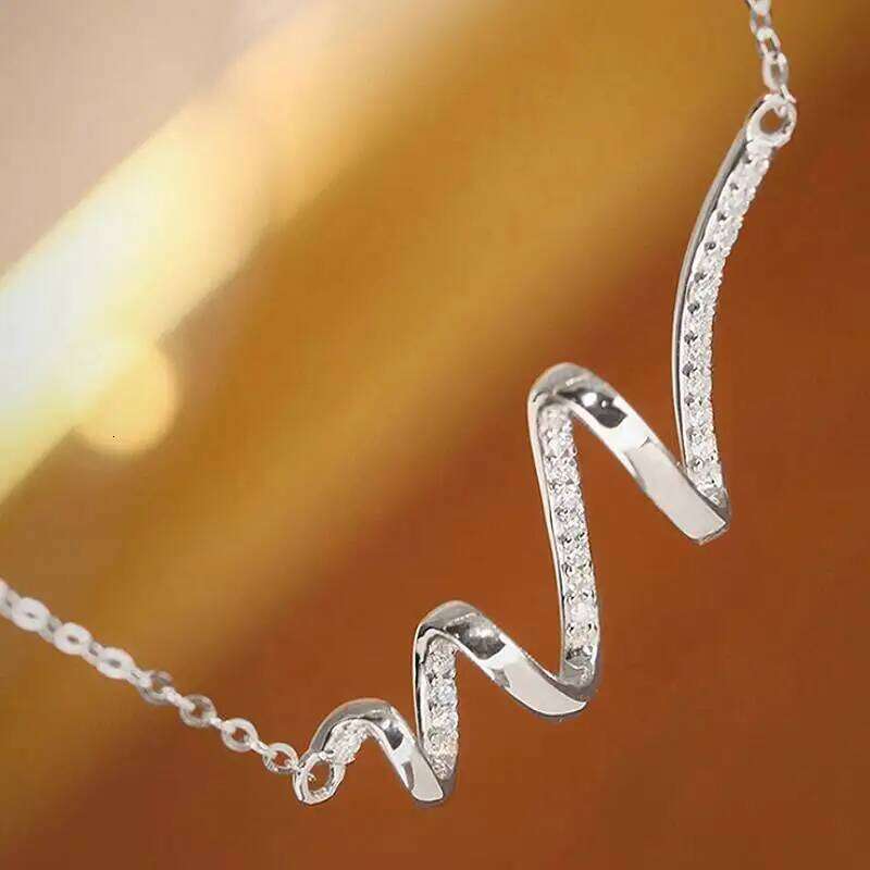 Huitan Aesthetic Wave Shaped Pendant Necklace for Women Wedding Engagement Fashion Accessories Inlaid Shiny CZ Versatile Jewelry