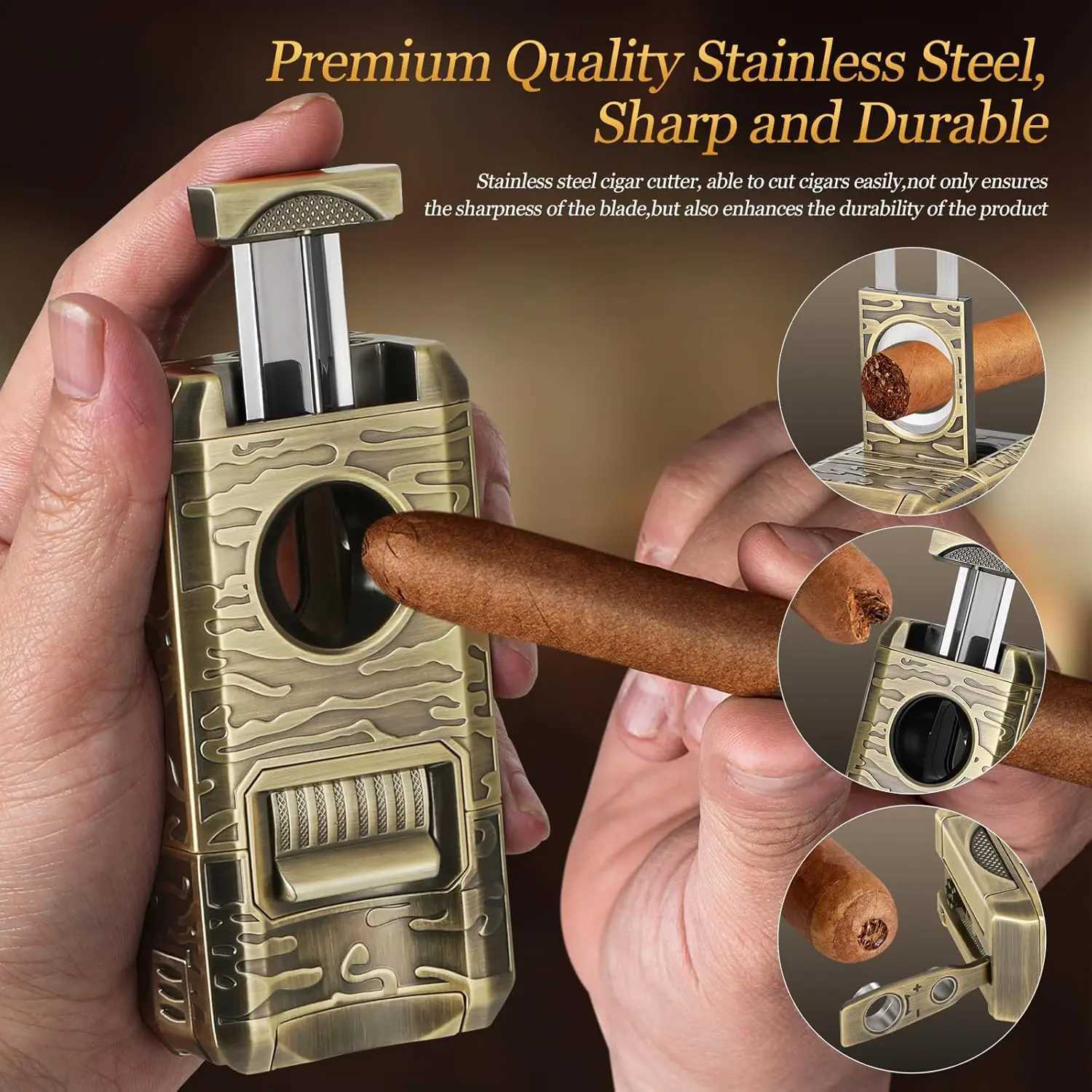 Cigar Lighter 7-in-1 Cigar Lighter Dual-Flame Windproof Built-in Dual Punch V-Cut Flat Cut Cigar Holder No Butane Y251218