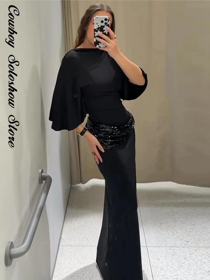 Women Backless Sequin Patchwork Maxi Dress Elegant Wide Sleeve Long Gowns Feminine Fashion Evening Party Daily Robes 2025 251225