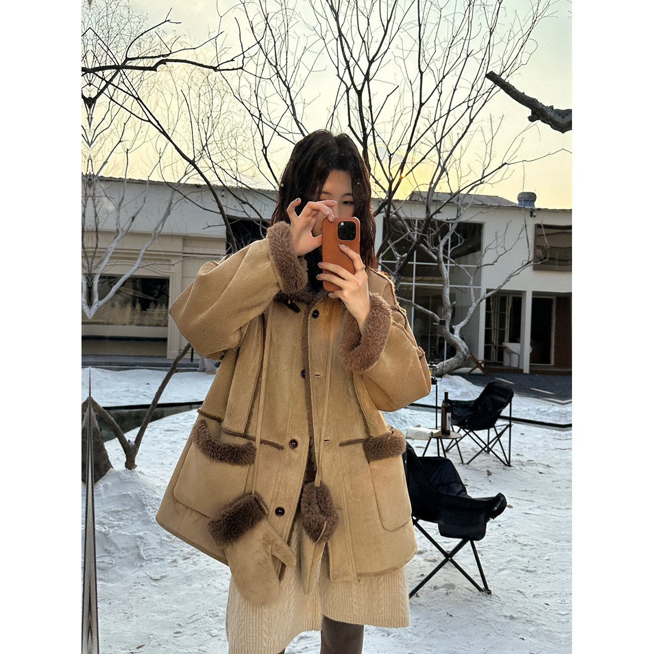 Womens Brown Plush Jacket Elegant Tassels Teddy Neck Spliced Coats Loose Long Sleeve Coat Autumn Winter Lady Official Outerwear 240914
