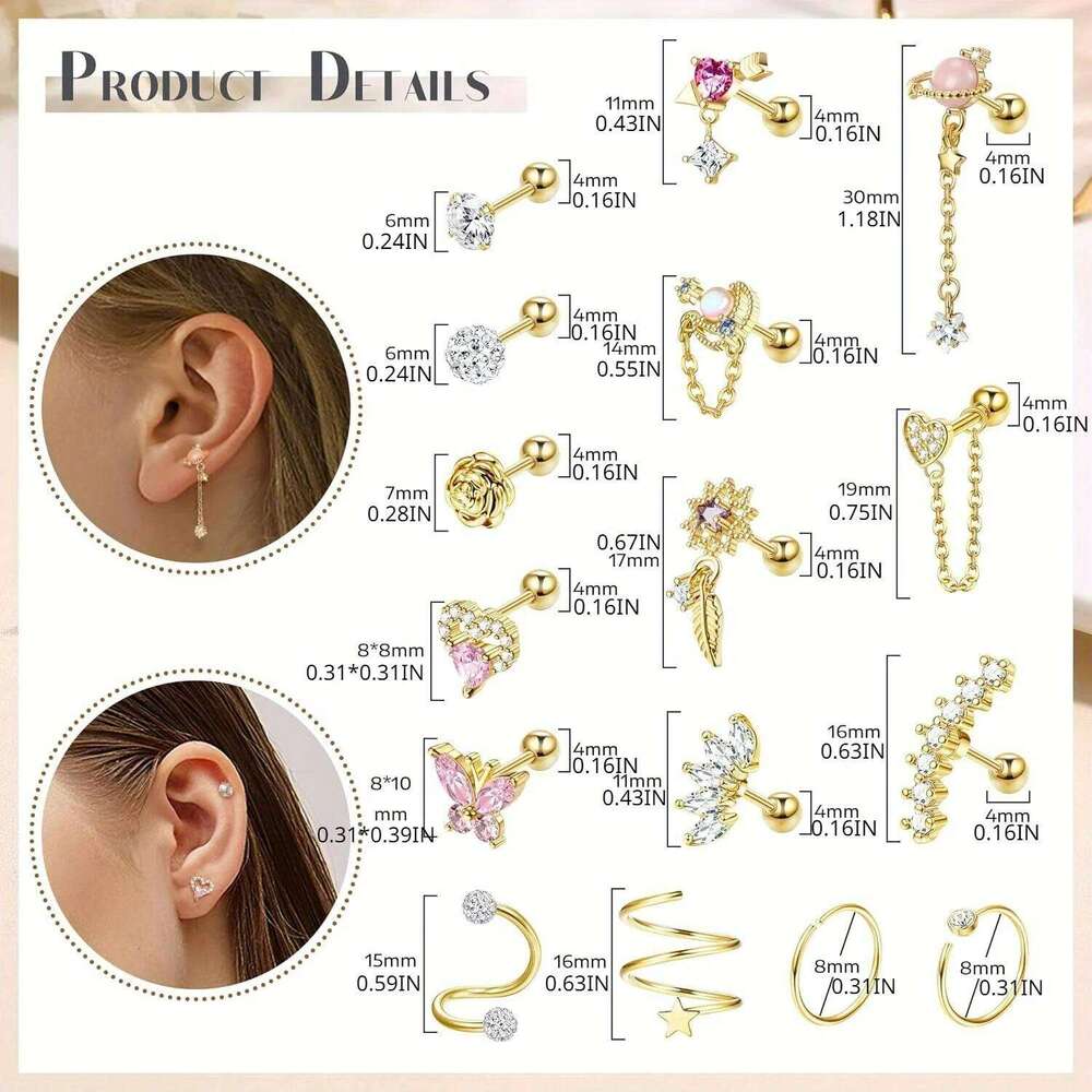 FASACCO 1PC Cartilage Earring Stud for Women Flower Heart Hypoallergenic Stainless Steel Screw Back CZ Earrings Piercing Jewelry 25H1226