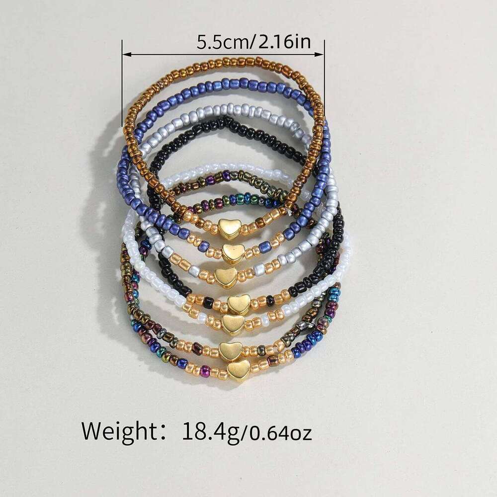 7Pcs Colorful Rice Beads Bracelet Set For Women Fashion Heart Charm Elastic Beaded Chain Bangle Female Trendy Jewelry Gift 25T1226
