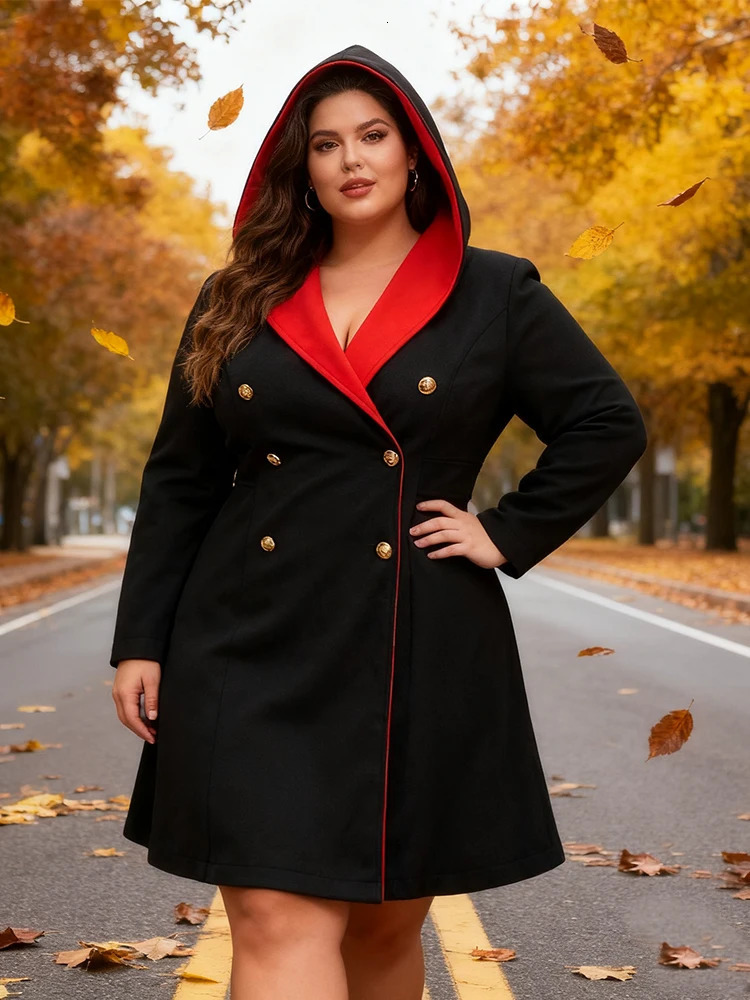 Plus size Winter Ms tweed trench coat Pure colour hooded fur splicing Elegant Warm Double-breasted 251222