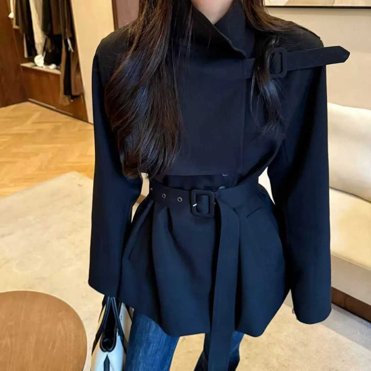 KWTX 2025 Womens Casual Short Trench Coat Autumn Winter Solid Color Single Breasted Stand Collar Belted Pockets VintageT251226