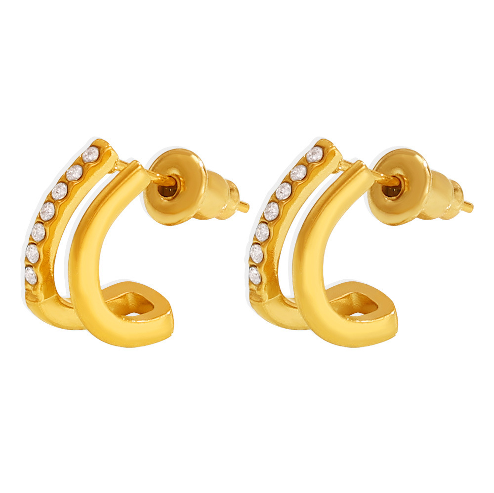 Minimalist stud inlaid with row diamonds double layer small C shaped earrings simple versatile light luxury jewelry H260129