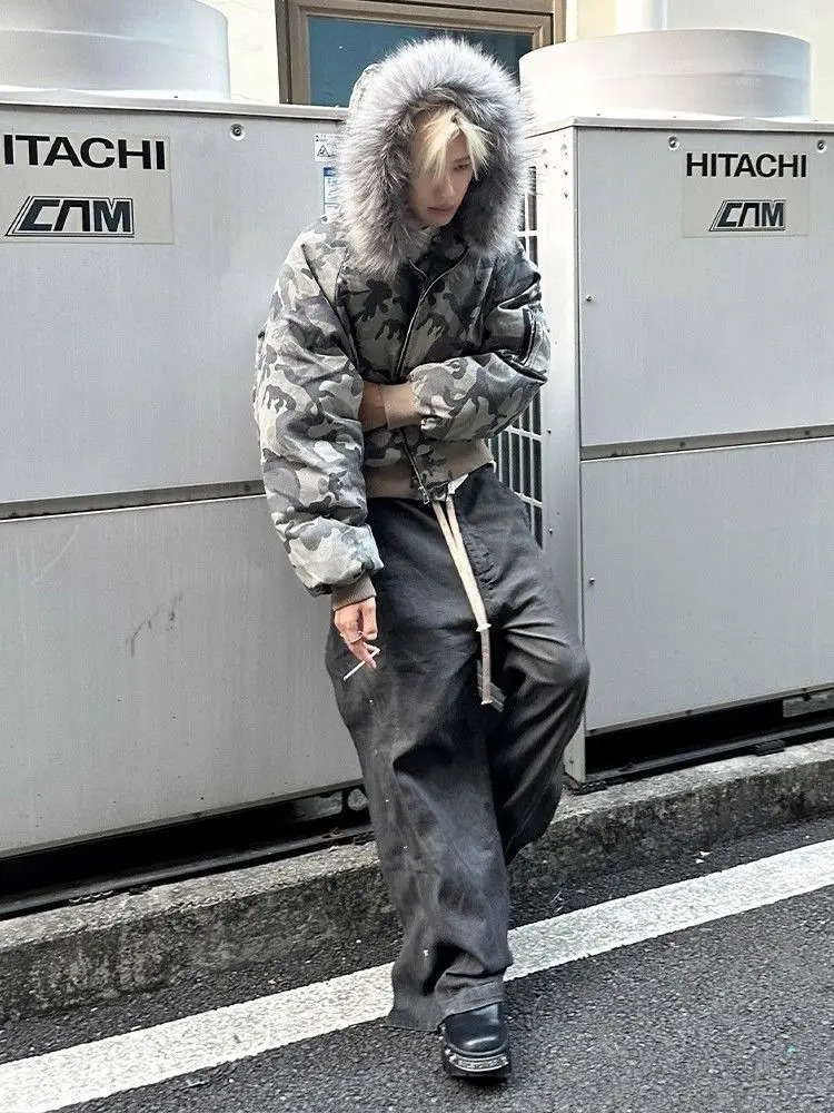 american Winter camouflage Fur Hooded Jacket Men Outerwear Thick Short Parkas Coat Faux Collar Parkas Casual Aesthetic Retro 251223
