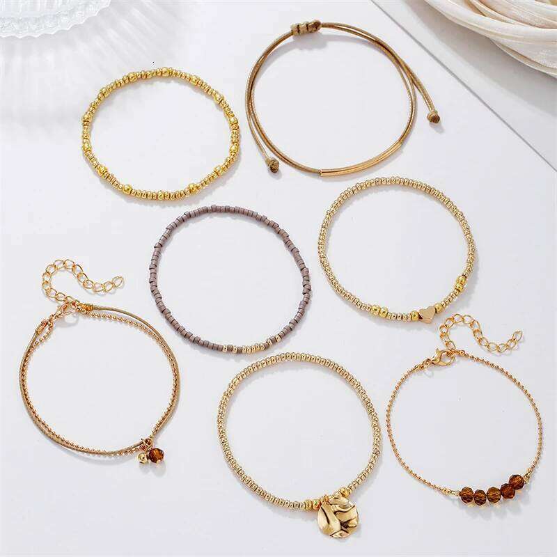 7Pcs Bohemian Heart Beads Round Pendant Bracelets For Women Elastic Beaded Stretchy Strand Chain Bangle Set Girl Party Jewelry 25T1226