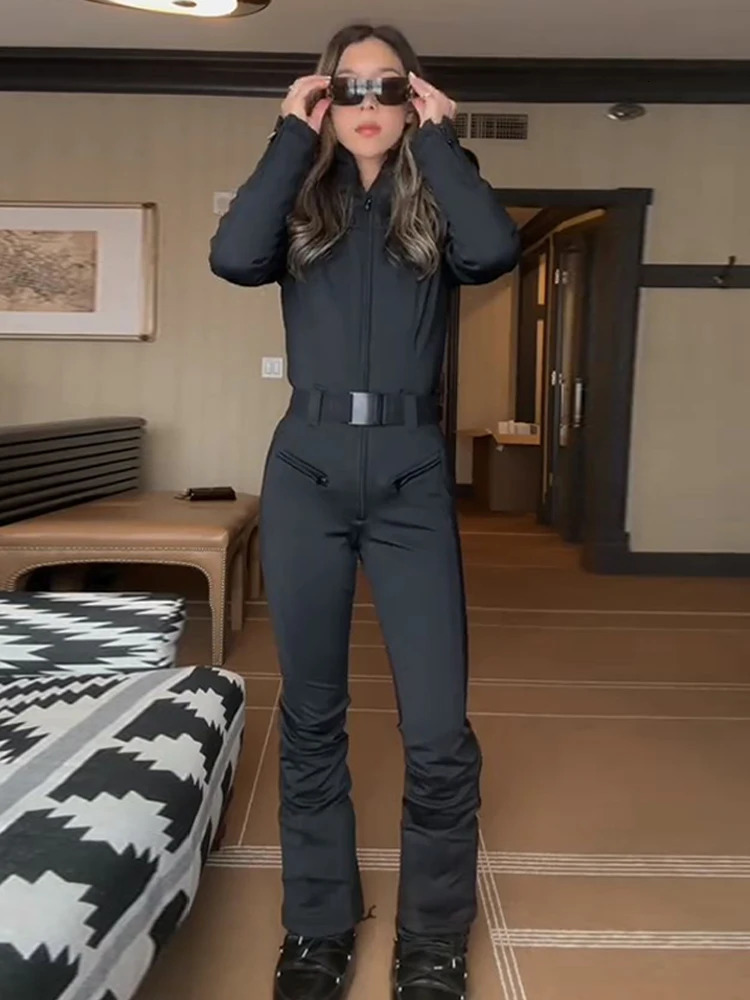 Casual FurTrimmed Hooded Ski Suit Women Fashion Belted Slim Full Sleeve Warm Jumpsuits Female Winter Snow Bodysuit Lady 251225