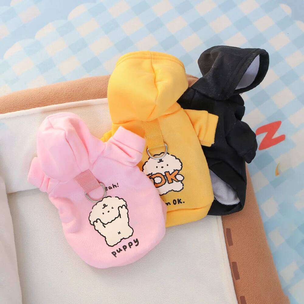 Cat clothes for autumn winter, made of milk silk flannel, with a cute dog print hoodie and drawstring buckle 25T1226