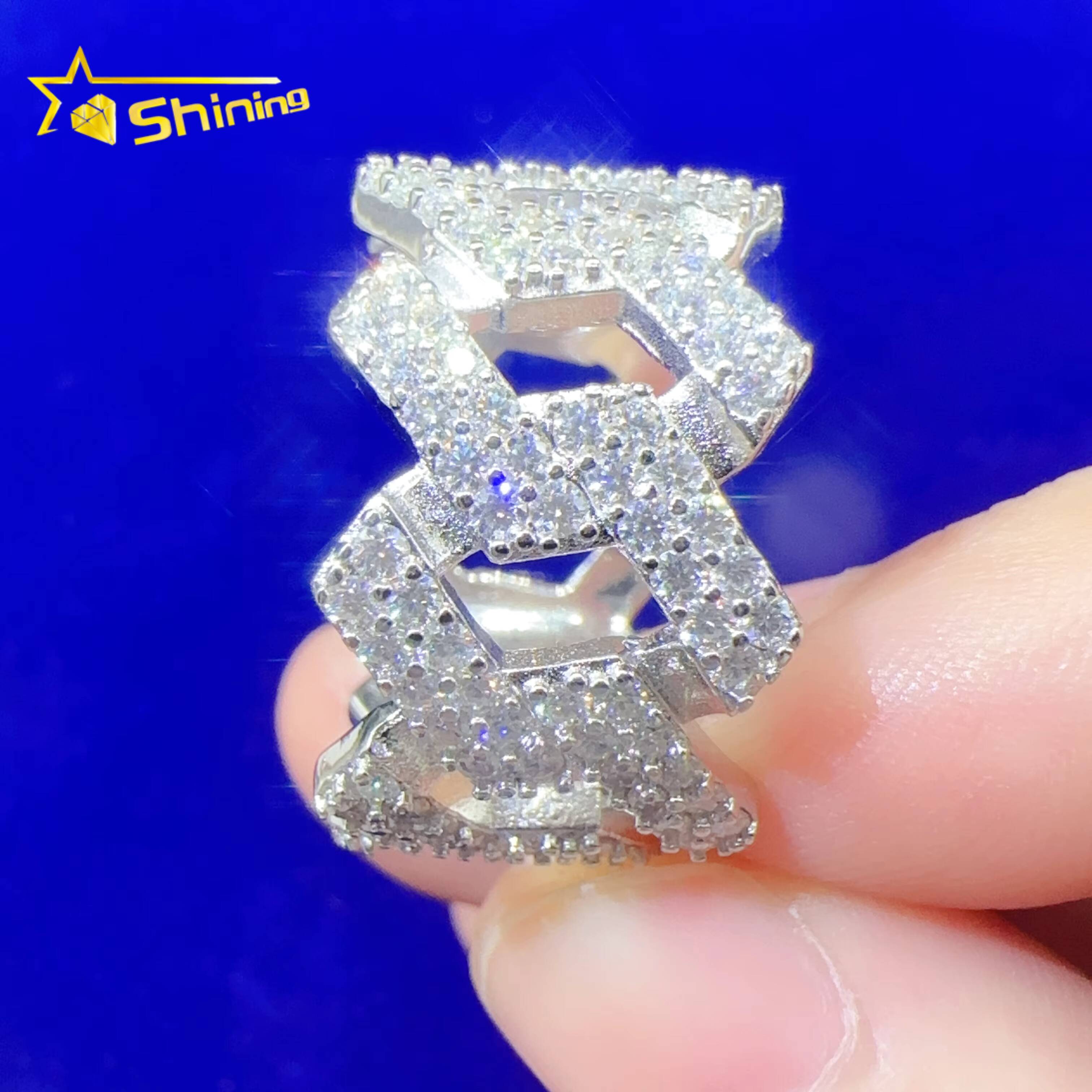 Bulk Stock Iced Out Round Diamond Hip Hop Cuban Rings Solid Silver Men Miami Cuban Band Ring VVS Moissanite Diamond Rapper
