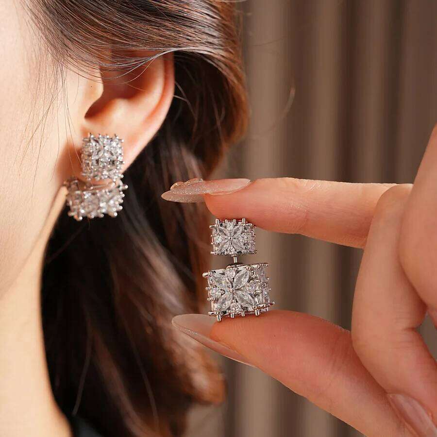 Shiny Cubic Square Full Zircon Stud Earrings Women Dual-style Silvery Hollow Ear Studs Girls Jewelry Gifts for Friends C1 25H1226