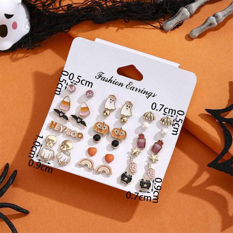 18 Pair Halloween Combination Earrings Set for Women Pumpkin Bat Skull Star Pearl Rhinestone Earring Girls Party Jewelry 25H1226