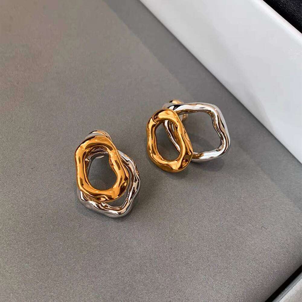 Geometric Stainless Steel Gold Sliver Color Bilayer Stud Earring for Women Irregular Metal Texture Fashion Jewelry Gift 25H1226