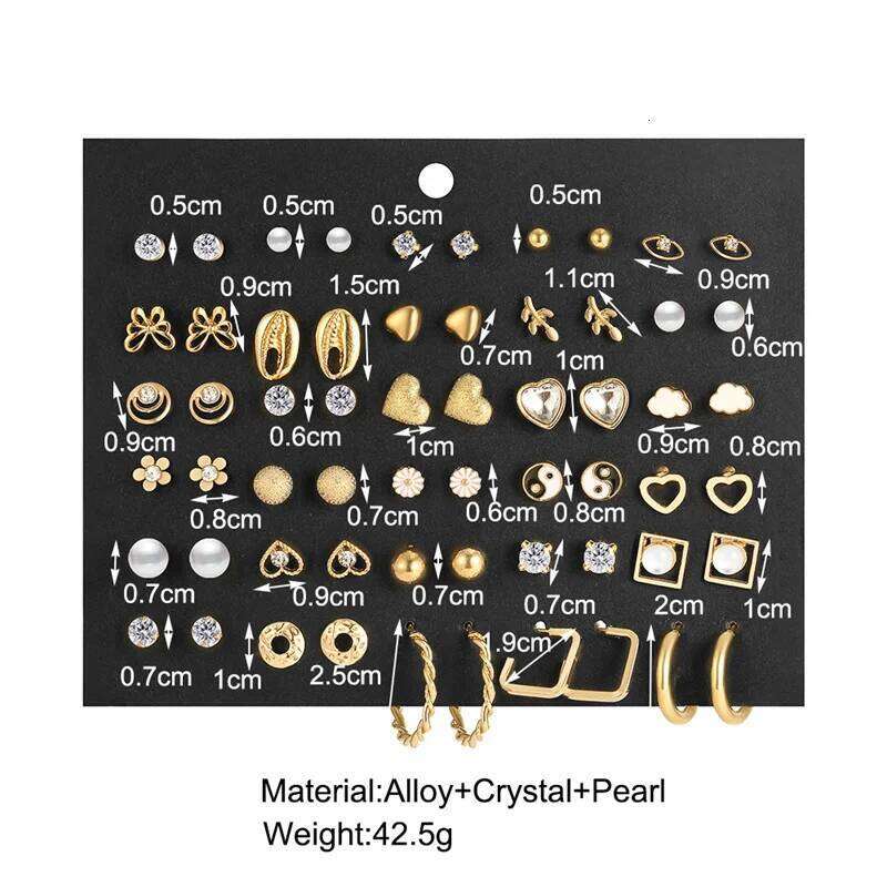 40Pcs/Set Gold Color Earring Set Vintage Butterfly Heart Pearl Crystal Stud Earrings for Women Korean 2024 Brincos Jewelry Gift 25H1226