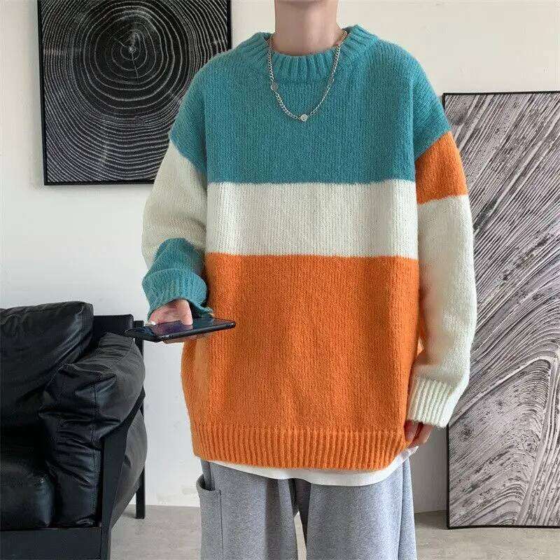 Contrasting Color Sweater Lazy Round Neck Jacket Men's Versatile Cardigan