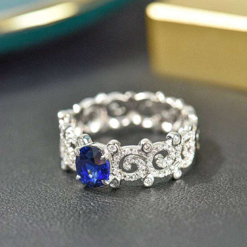 Huitan Aesthetic Elegant Hollow with Oval Blue Cubic Zirconia Wedding Anniversary Party Women Rings Luxury Trendy Jewelry
