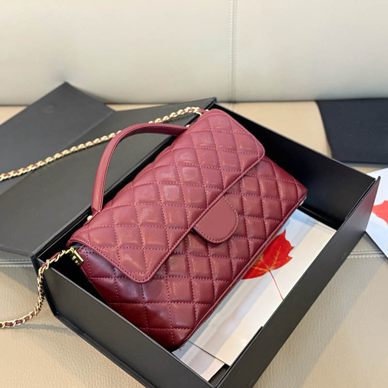 10A Vintage Women Designer Burgundy Shoulder Bag with Top Handle Gold Sequined Decoration Classic Flap Lambskin Leather Metal Chain Medium Crossbody Tote 25cm