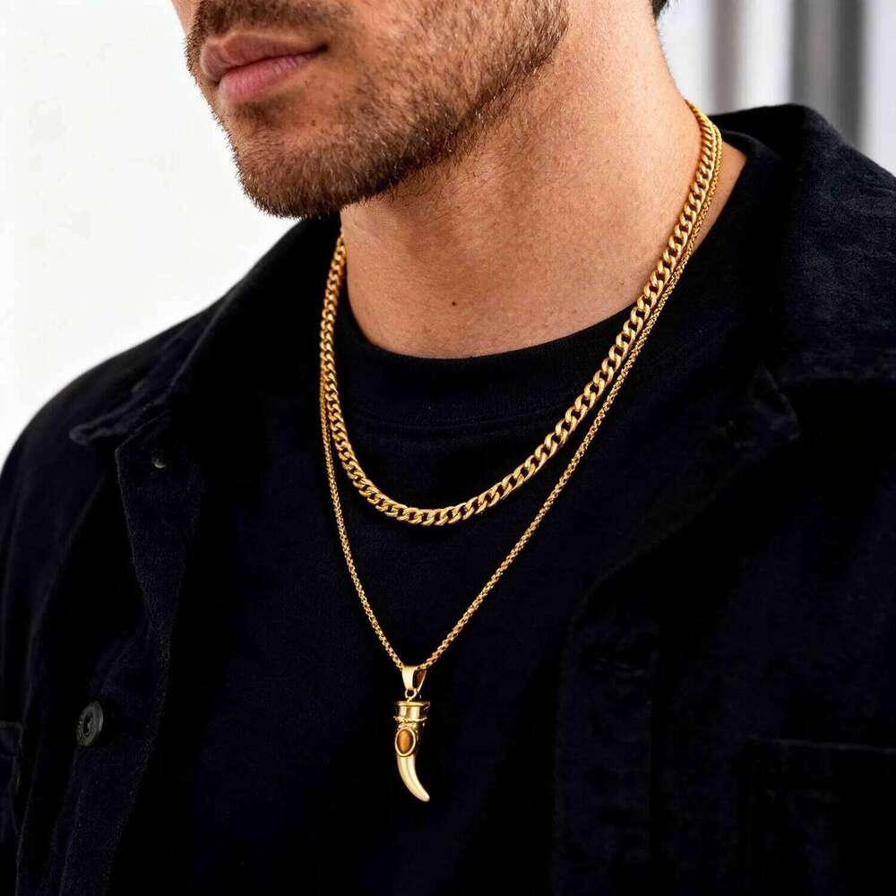 Trendy Horn Necklace for Men Boys,Gold Color Stainless Steel Tiger Eye Stone Layered Necklace,Dainty Male Jewelry Set Gift 25N1226