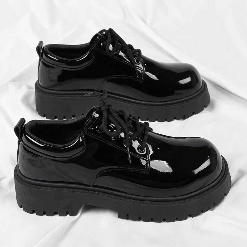 Mens Glossy Patent Leather Derby Shoes British-Style Round-Toe Boots Comfortable Formal/Casual Office Footwear for Wide Feet 251225