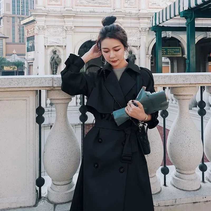 Black Khaki Womens Trench Coat 2025 Spring Autumn New Temperament Lapel Long Overcoat Female With belt Casual Windbreaker CoatsT251226