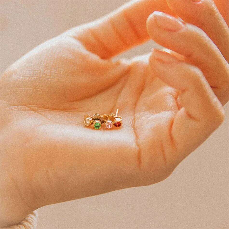 Trendy Colorful Zircon Inlaid Birthstone Tiny Stud Earring Stainless Steel 18k Gold Plated Glaring Earrings for Women 25H1226