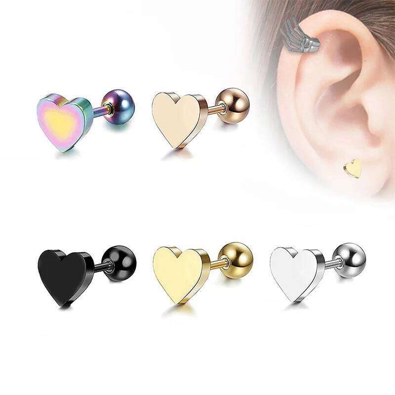 2Pcs Women stainless steel Heart Shape Love Screw Stud Piercing Jewelry Tragus Earrings Cartilage Helix Ear Bone Nail 25H1226