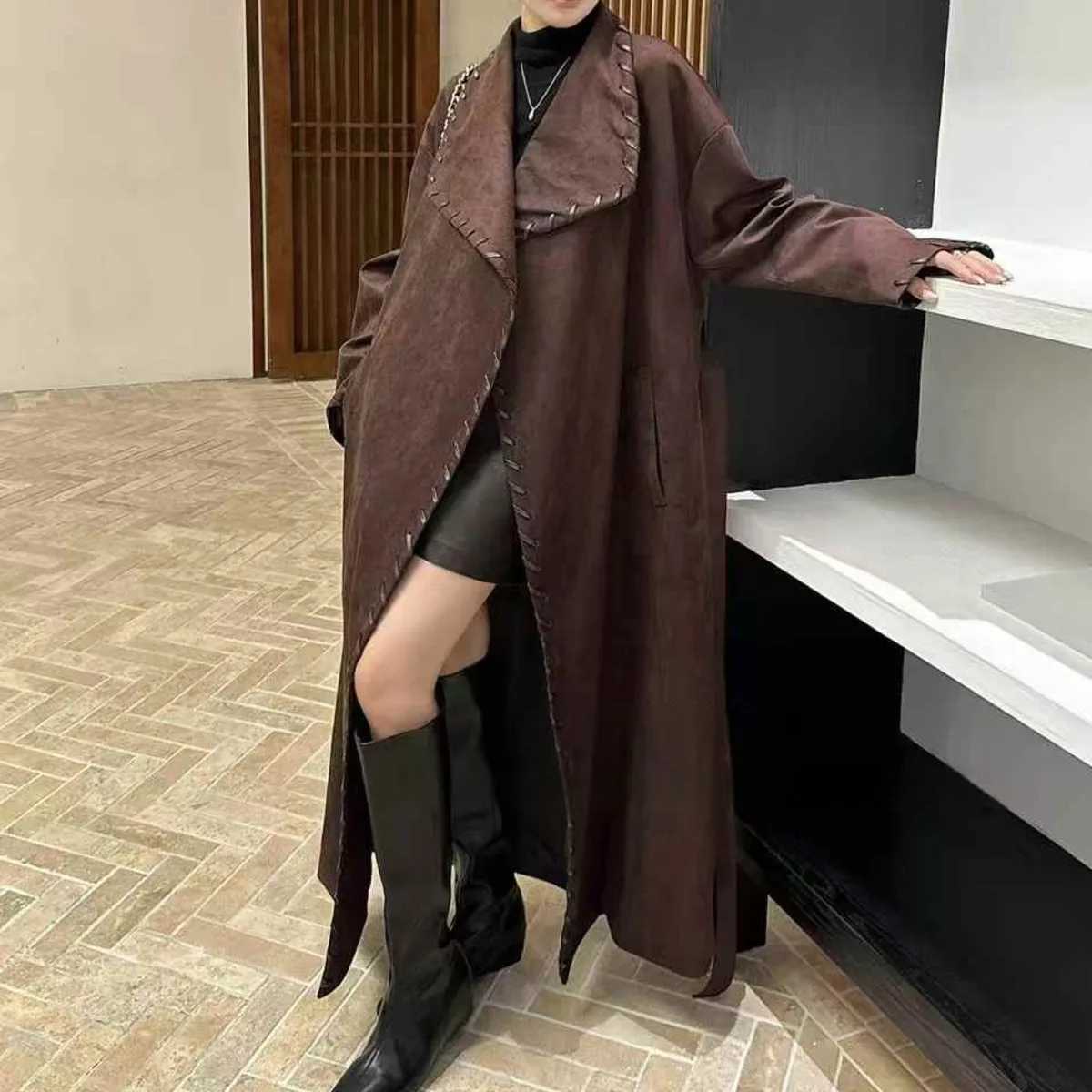 DNBS Womans Coat Pure Color Double-breasted Scarf-style Long Suitable Occasions 2025 Spring Style Length Windbreaker JacketT251226