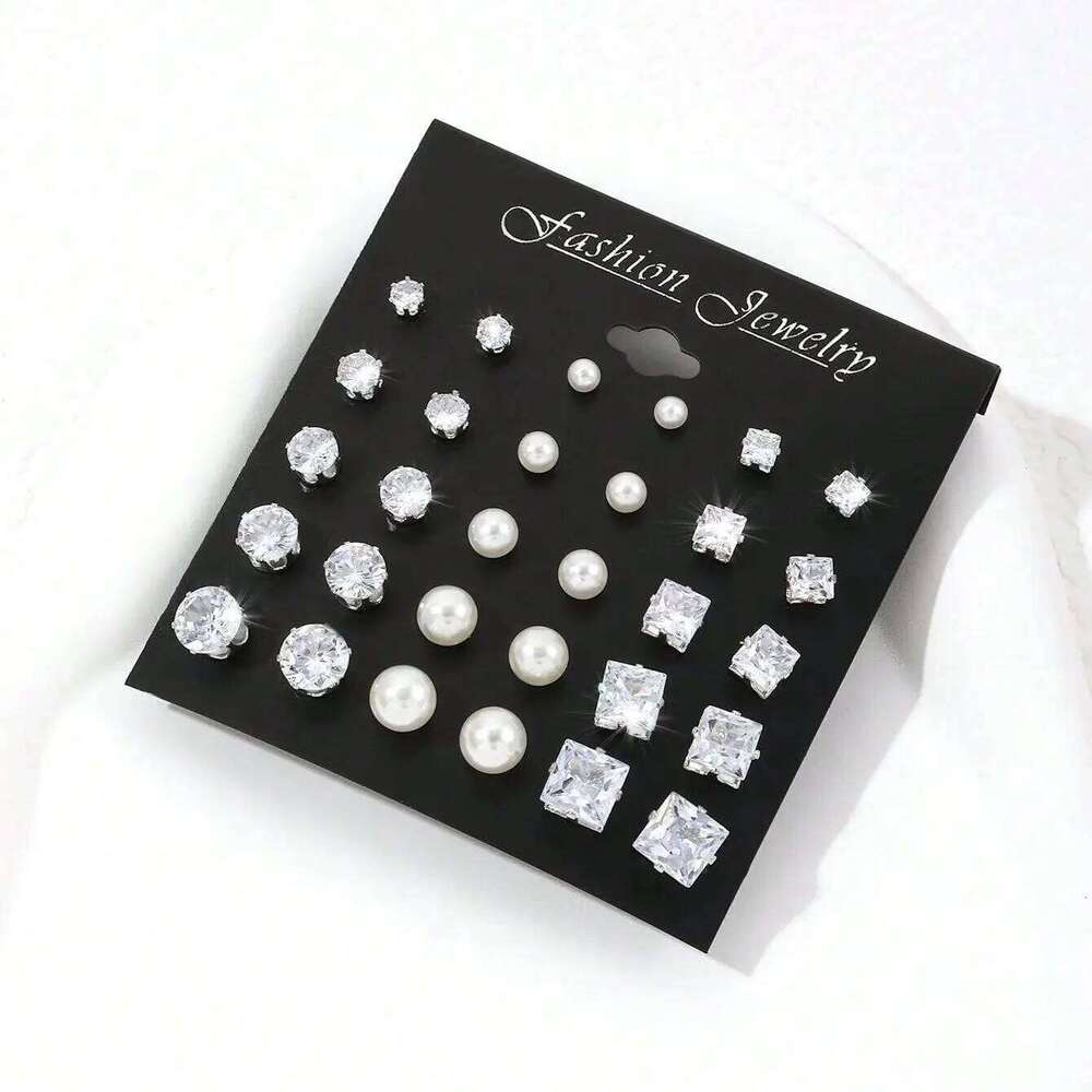 15pairs Cubic Zirconia & Faux Pearl Decor Stud EarringsSuitable for Holidays, Parties, Dates, Gifts, Everyday Wear 25H1226