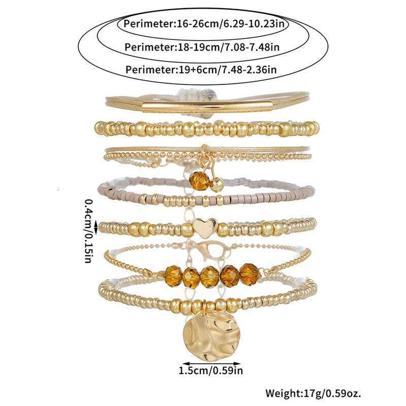 7Pcs Bohemian Heart Beads Round Pendant Bracelets For Women Elastic Beaded Stretchy Strand Chain Bangle Set Girl Party Jewelry 25T1226