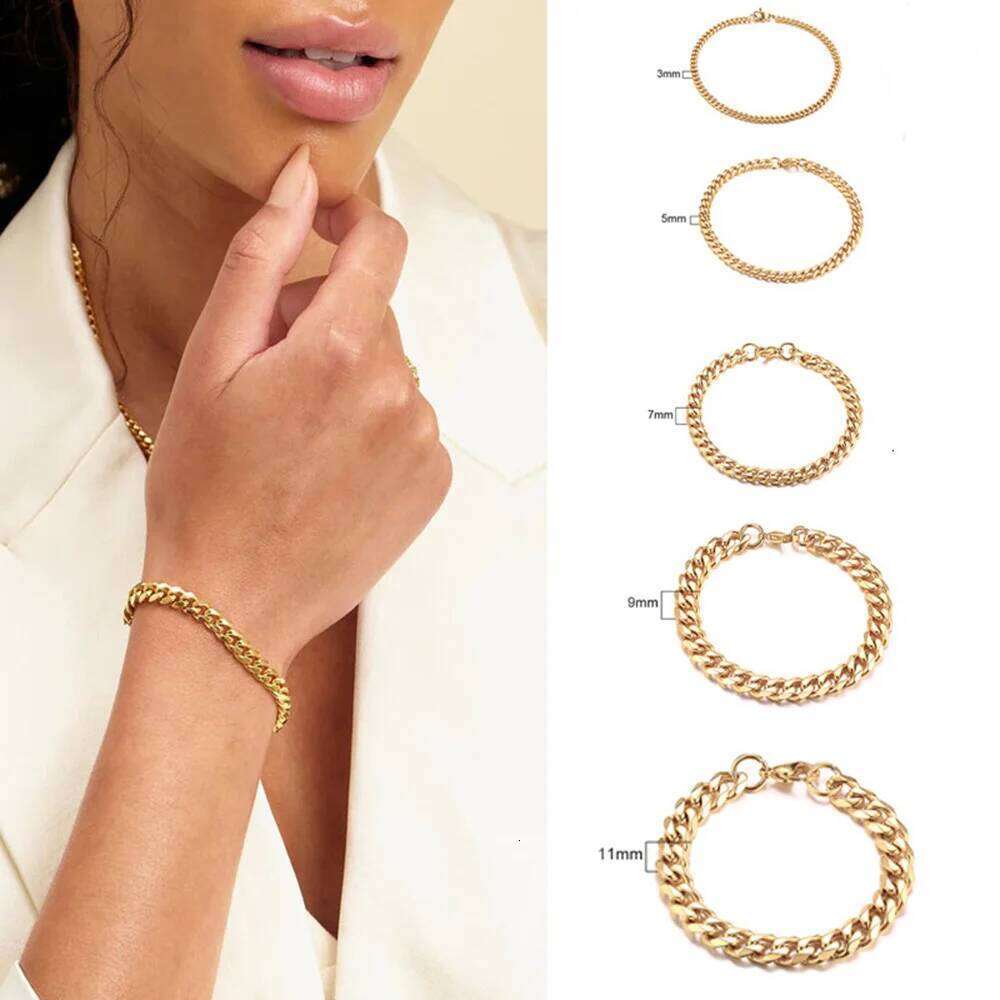 Stainless Steel Bracelet Women, 3mm to 9mm Curb Cuban Chain Bangle Gold Color Unisex Wrist Stackable Jewelry 25T1226