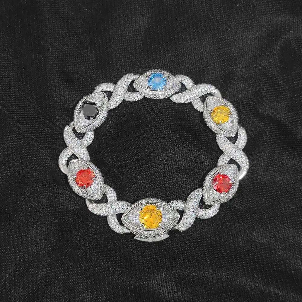 Fashion Hip Hop Punk Evil Style 15mm Iced Out Cubic Zircon Colour Eye Infinity Chain Necklace Hiphop Bracelet Jewelry