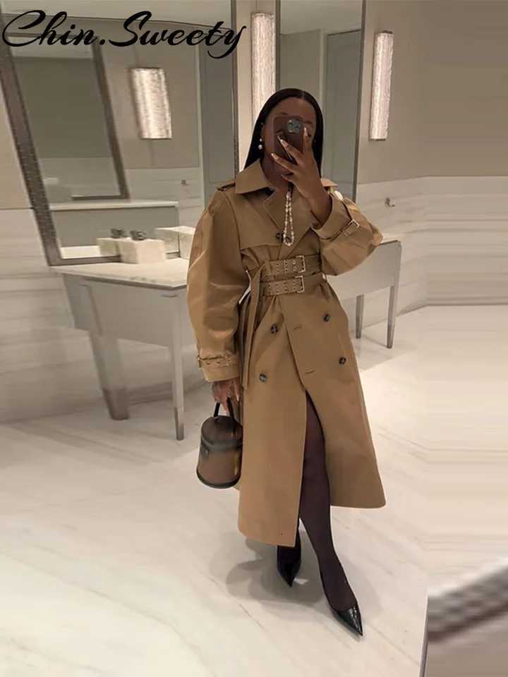 Elegant Solid Belt Women Trench Coat Casual Double Breasted Long Sleeve Lapel Female Jacket 2025 Autumn Urban Lady StreetwearT251226