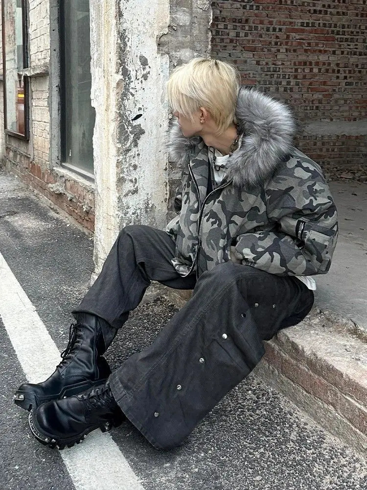 american Winter camouflage Fur Hooded Jacket Men Outerwear Thick Short Parkas Coat Faux Collar Parkas Casual Aesthetic Retro 251223