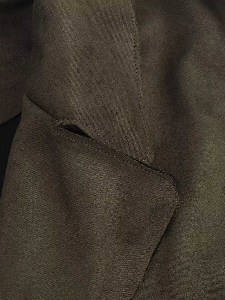 European style new womens fashionable and versatile solid color long trench coat with belt and suede effectT251226