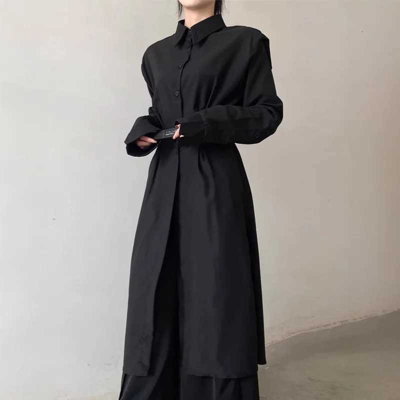 Fashion Womens Long Trench Shirt Dress Minimalism Black Dark Style Y2k Punk Streetwear Casual Womens Clothes YY Japan StyleT251226