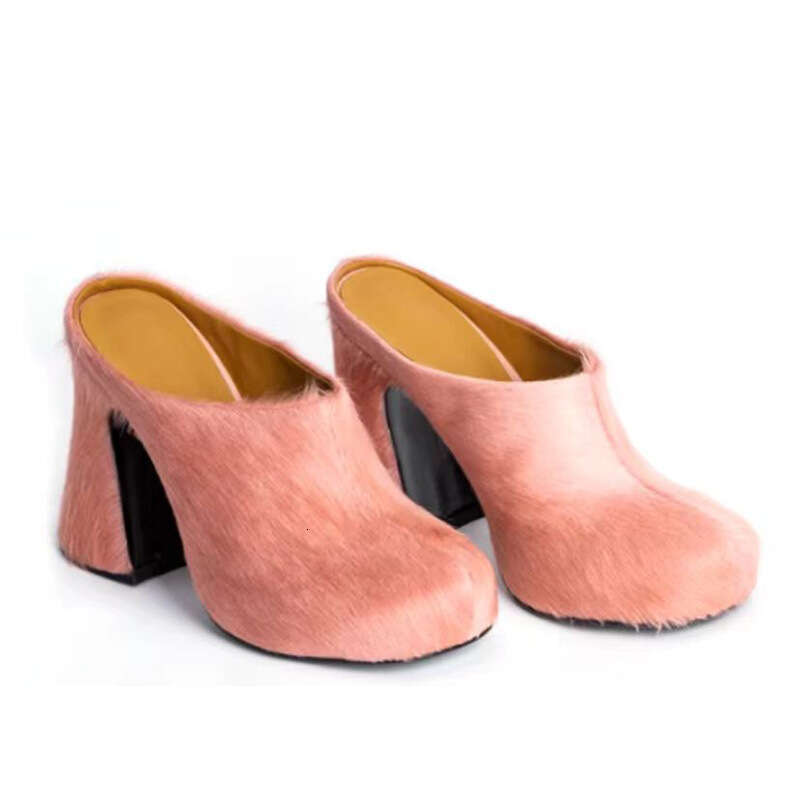 2025 New Foreign Trade Style Closed-Toe Horsehair Chunky Heel Waterproof Mules Thick Sole Platform Plus Size Women's Shoes