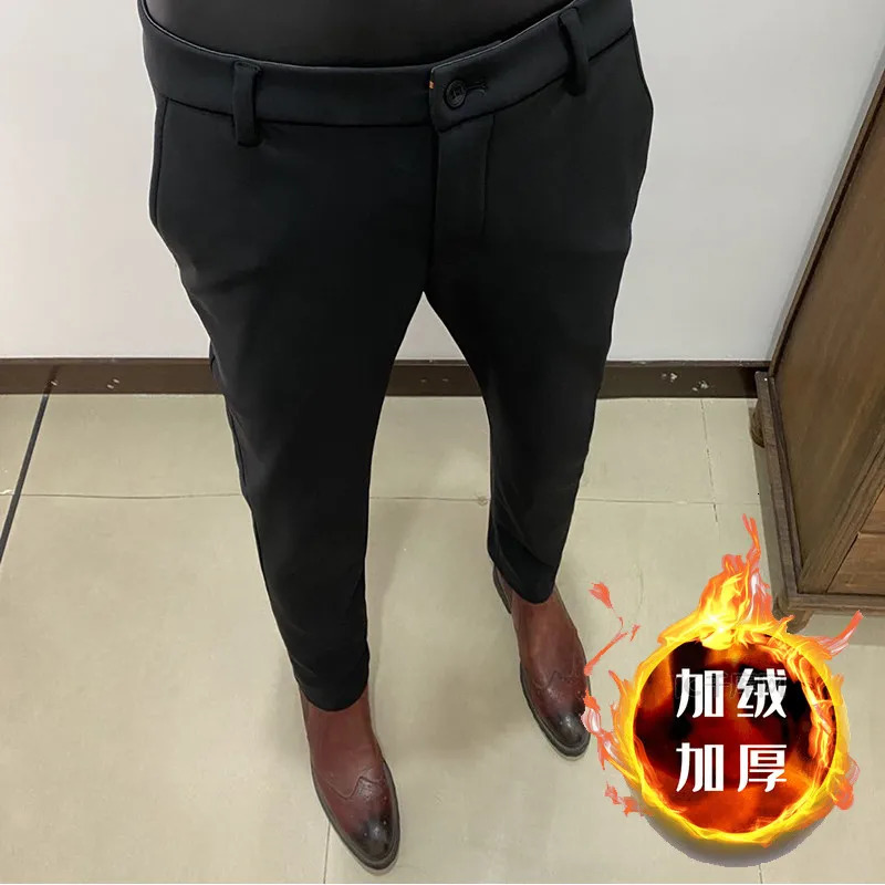Autumn Winter With Velvet Warm Casual Pants High Quality Slim Fit Mens Formal Business Office Social Solid Trousers 251226