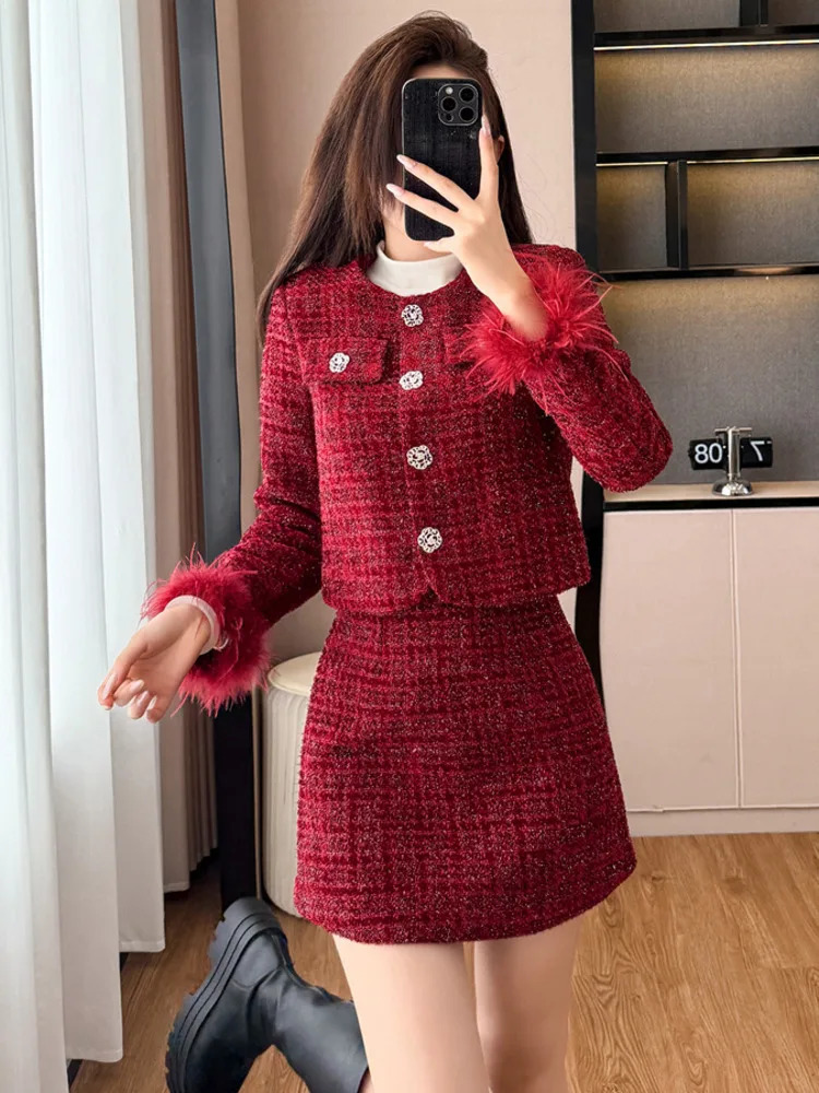 High Quality French Tweed Two Piece Set Women Fashion Jacket Coat Skirt Suits Fall Winter Christmas 2 Outfits 251211