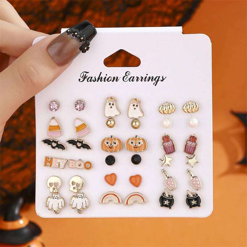 18 Pair Halloween Combination Earrings Set for Women Pumpkin Bat Skull Star Pearl Rhinestone Earring Girls Party Jewelry 25H1226