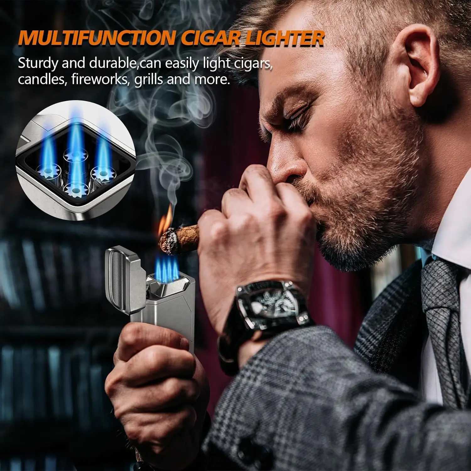 Scotte Cigar Lighter 4 Jet FlameRefillable Butane Lighter with Cigar Cutter V Cut Cigar Punch Cigar Holder Cigar Draw Enhancer Y251218