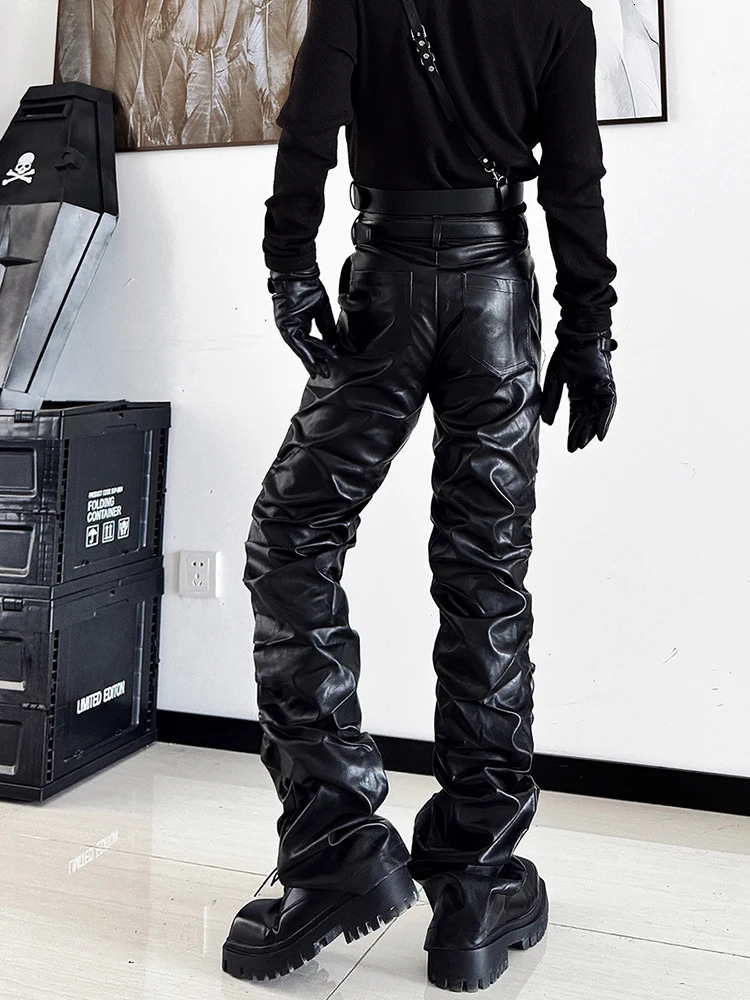 Mauroicardi Spring Autumn Cool Long Ruched Soft Black Pu Leather Stacked Pants for Men y ner Cyberpunk Rock Clothes 251226