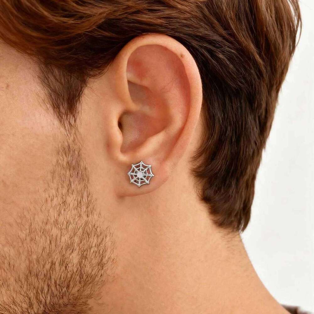 Spider Web Stud Earring for Men Women,Silver Color Stainless Steel Piercing Earring,Halloween Jewelry Gift 25H1226