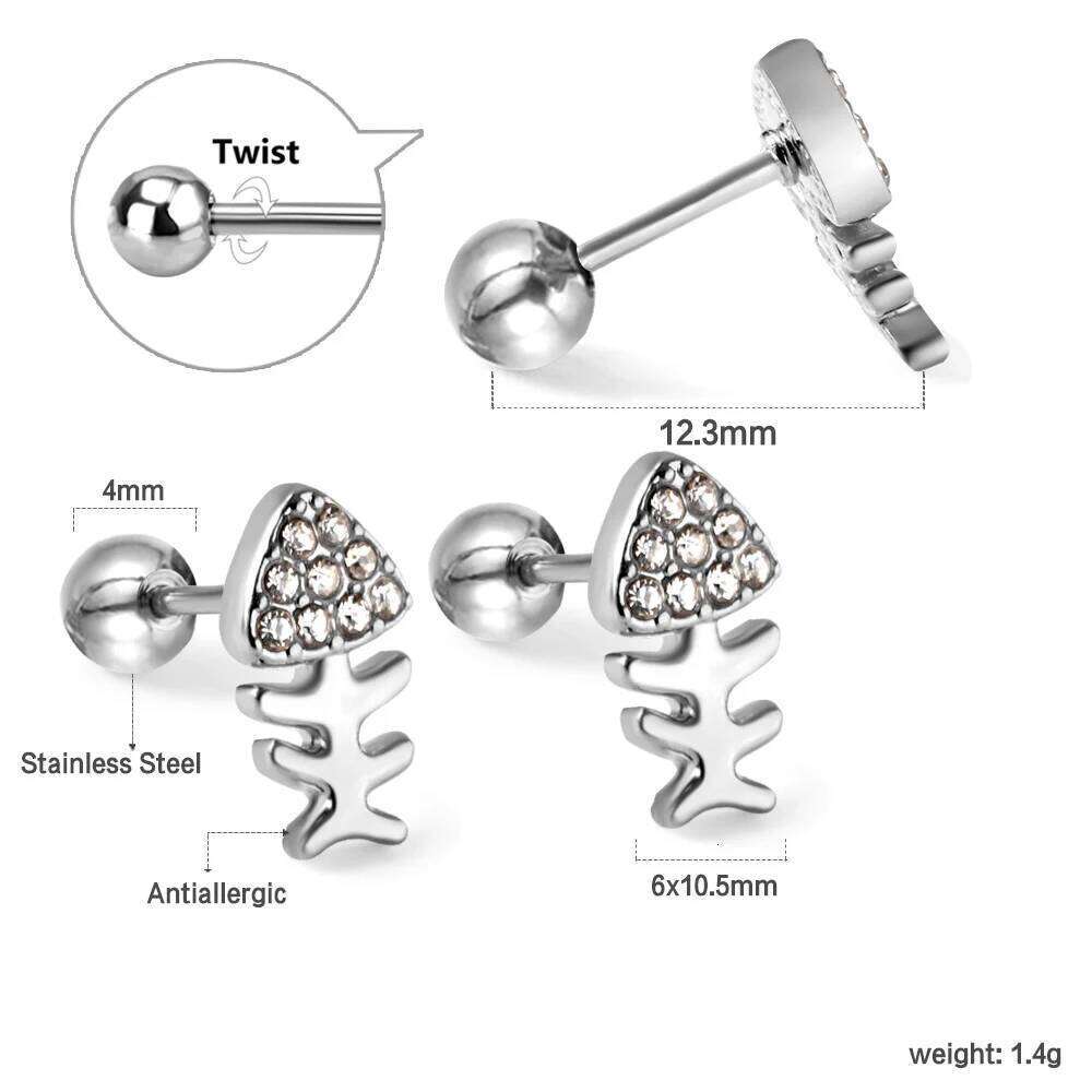 New Earrings Suitable for Women and Girls Accessories Gifts Cubic Zirconia Steel Balls Screw Plugs Fish Bones Jewelry 25H1226