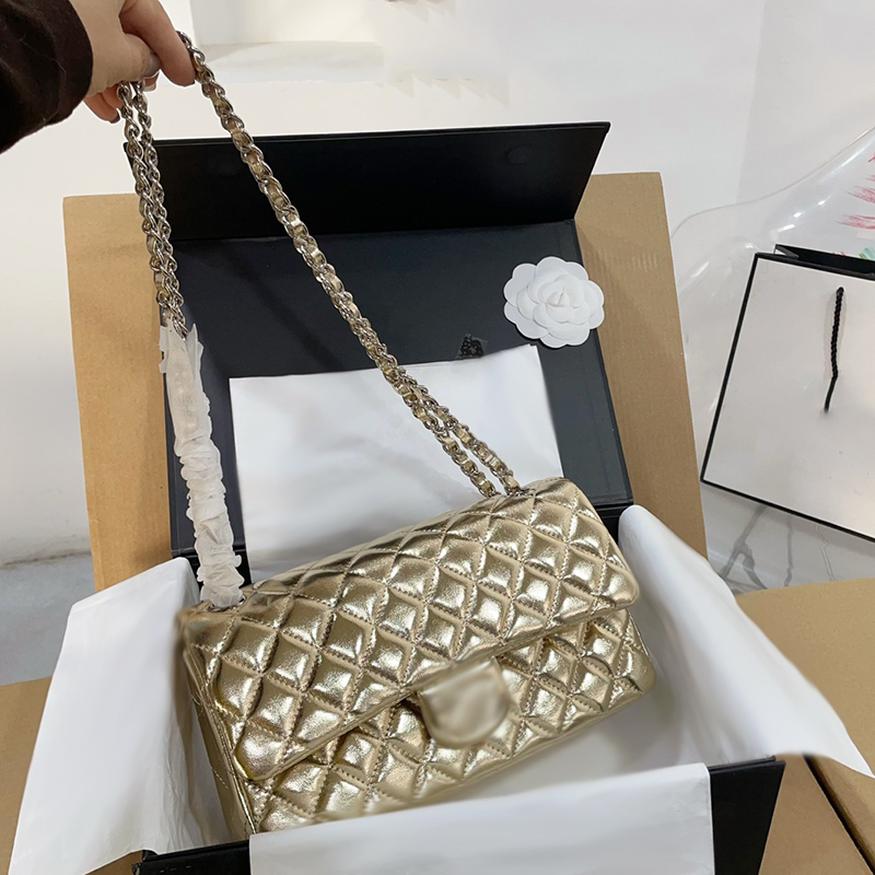 Designer Ladies Shoulder Bag Double Flip Cover Genuine Leather With Grid Pattern Silver Hardware Metal Matelasse Chain Handbag Crossbody Shopping Sacoche 25cm