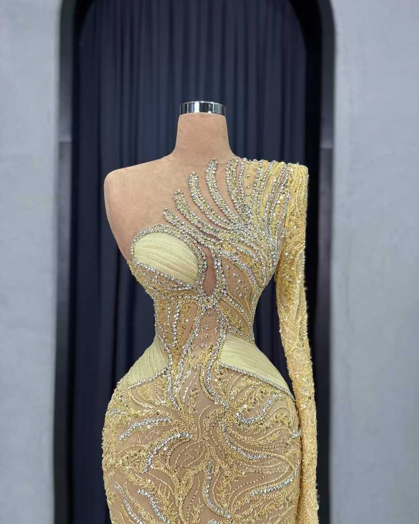 Exquisite Mermaid Evening Dresses Jewel One Shoulder Sweep Train Prom Gowns Crystals Beaded Party Customized