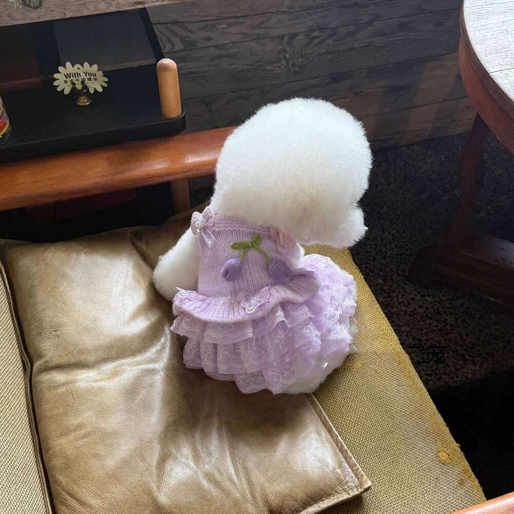 Green Bellflower Design Exquisite Pet Knitted With Pearl Lace - Autumn Dog Dress Sweater 25T1226