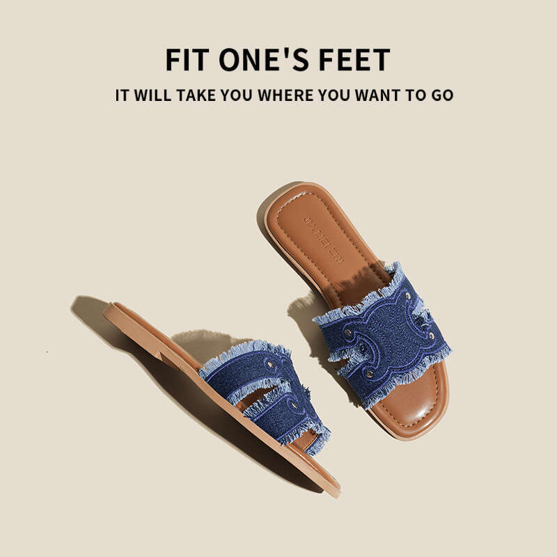 2025 New Genuine Leather Denim One-Strap for Women Summer Outdoor Flat Half Slippers French Style Small Sandals
